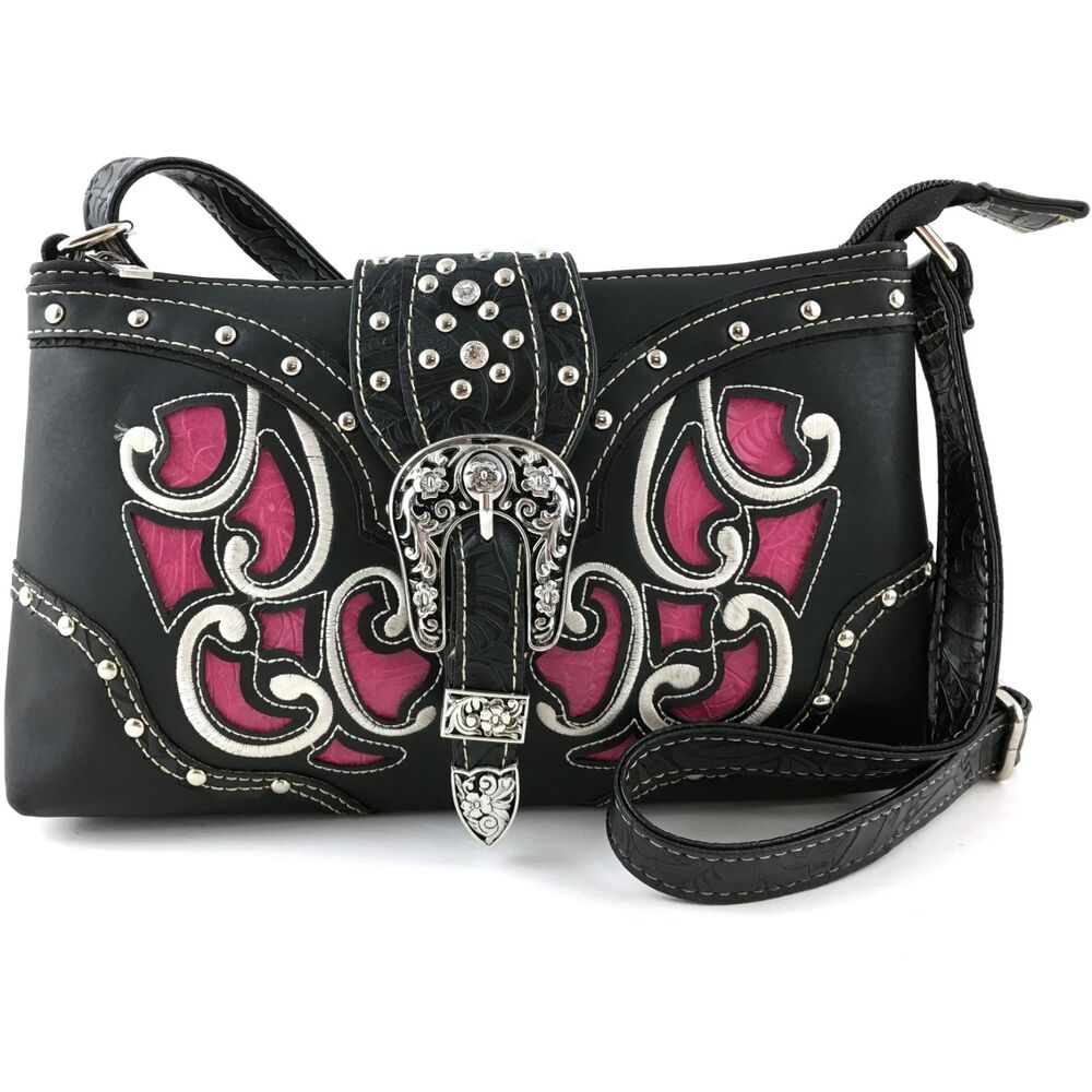 Justin West Floral Buckle Crossbody Bag Tooled, Rhinestone Bling Western